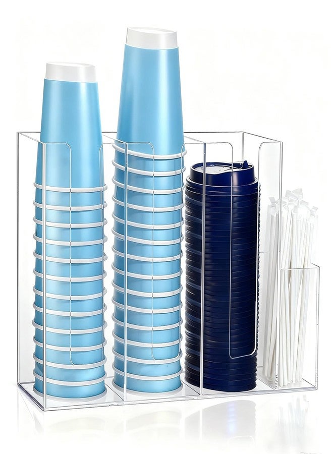 UCEHIPAW 4 Compartments Acrylic Coffee Cup and Lid Storage Organizer Holder Clear Plastic Lid Holder Accessories Disposable Paper Cup Dispenser Organizer for Kitchen Bar Shop Counter - Image 1